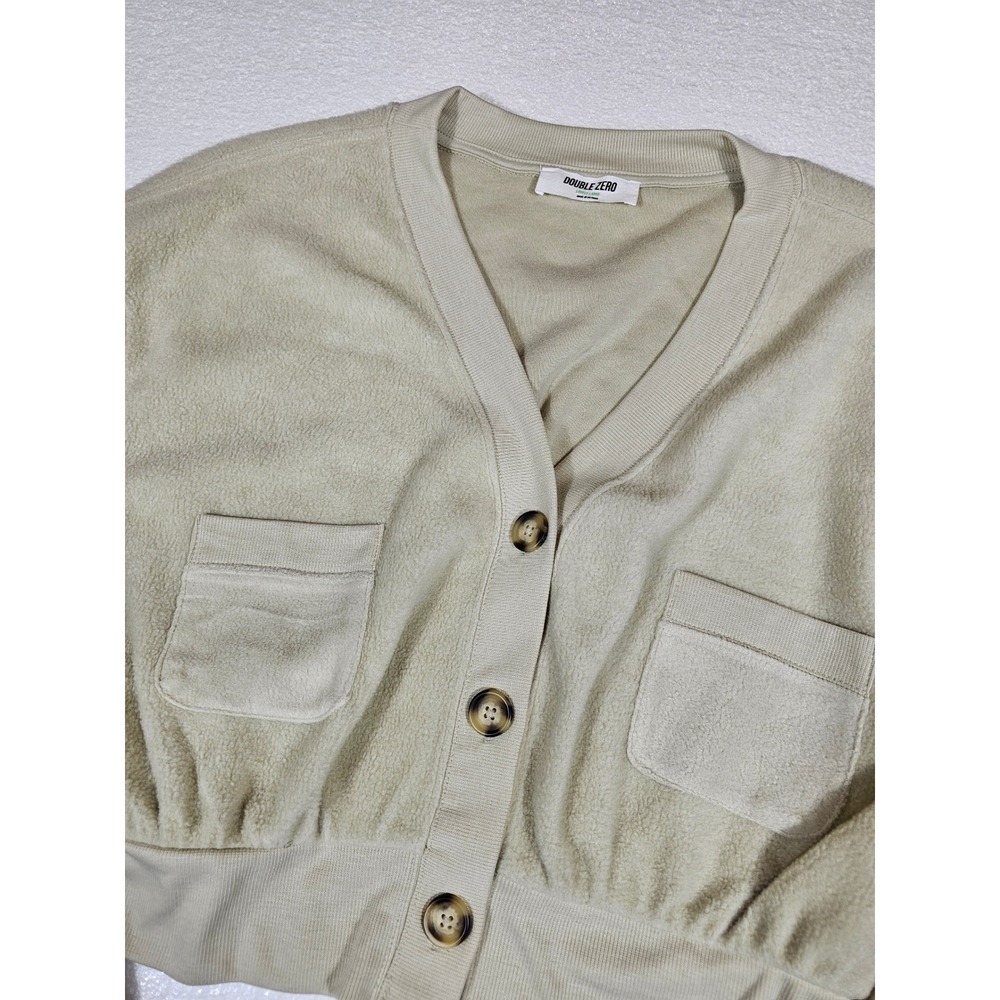 Double Zero Beige Cropped Fleece Cardigan Sweater V-Neck Button Front DZ21F922 L